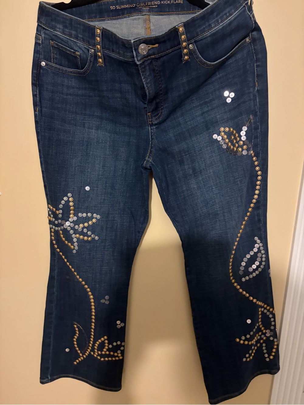 Chico's Dark Blue Sequin & Stud Embellished Flare Jeans